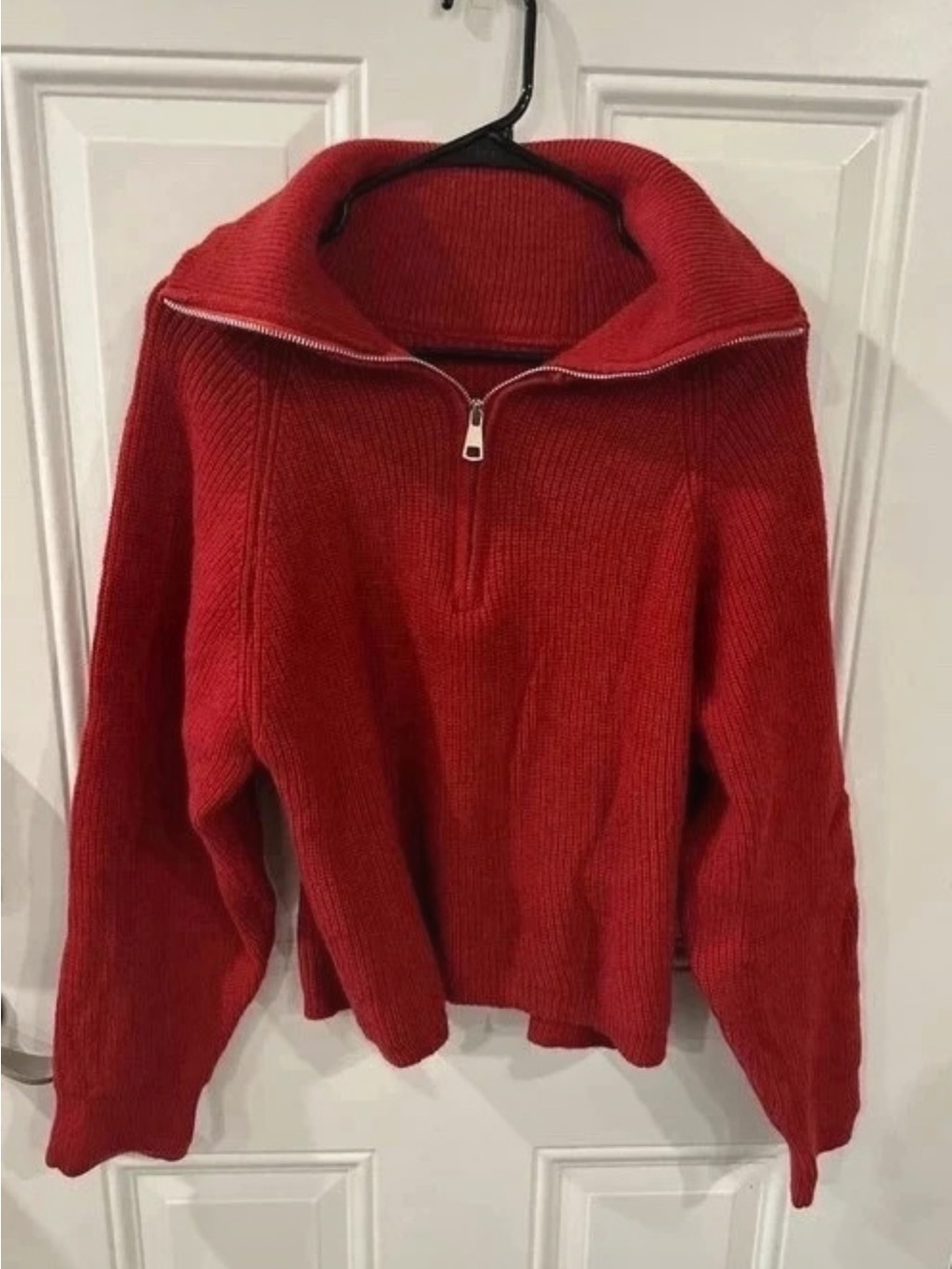Women's Red Half-Zip Ribbed Turtleneck Sweater
